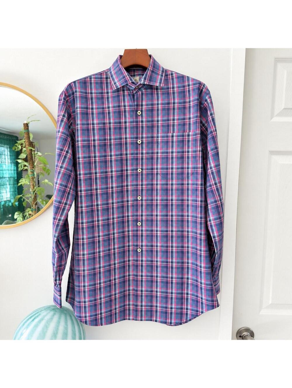 Peter Millar Blue, Pink and White Plaid Long Sleeve Button Down Shirt